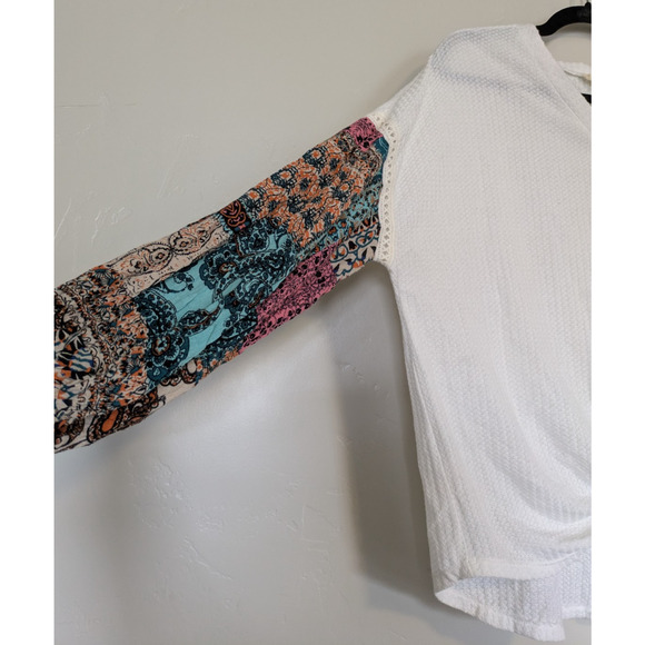 Entro‎ Top Womens Large Floral Sleeves Patchwork Entro Waffle Knit Long Sleeve - Picture 1 of 7
